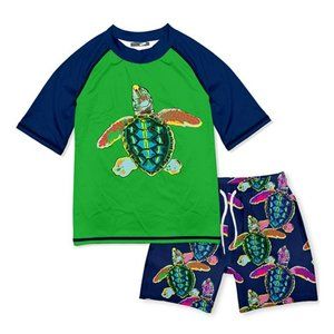 Green & Navy Water Turtle Short-Sleeve Rashguard Set - Boys size 4